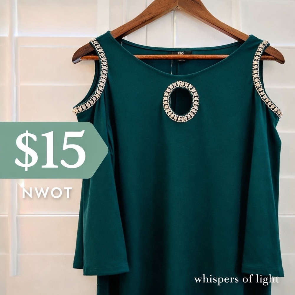 ✨ JBS Petite Emerald Embellished Cold-Shoulder Dress– PL (NWOT)
